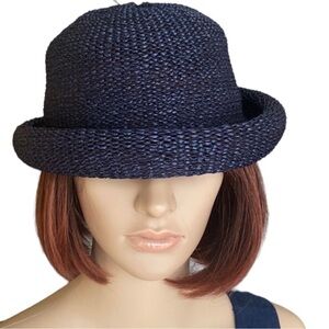 Platania Navy Raffia Round Rolled Up Flexible Hat Made in Italy